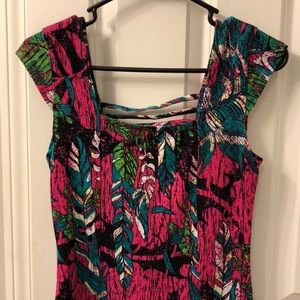 Hot pink palm mini dress with open detail back